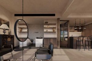 發(fā)型設(shè)計(jì)店鋪裝修復(fù)古木質(zhì)效果圖茶水間休息區(qū)大堂效果圖定制圓形天花線條鏡面效果圖