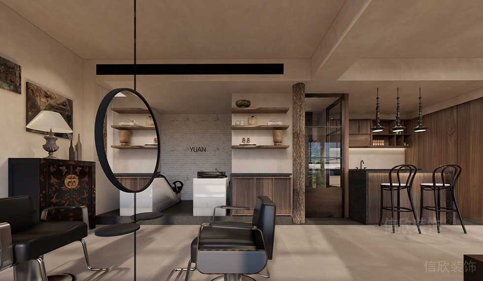 發(fā)型設(shè)計店鋪裝修復(fù)古木質(zhì)效果圖茶水間休息區(qū)大堂效果圖定制圓形天花線條鏡面效果圖