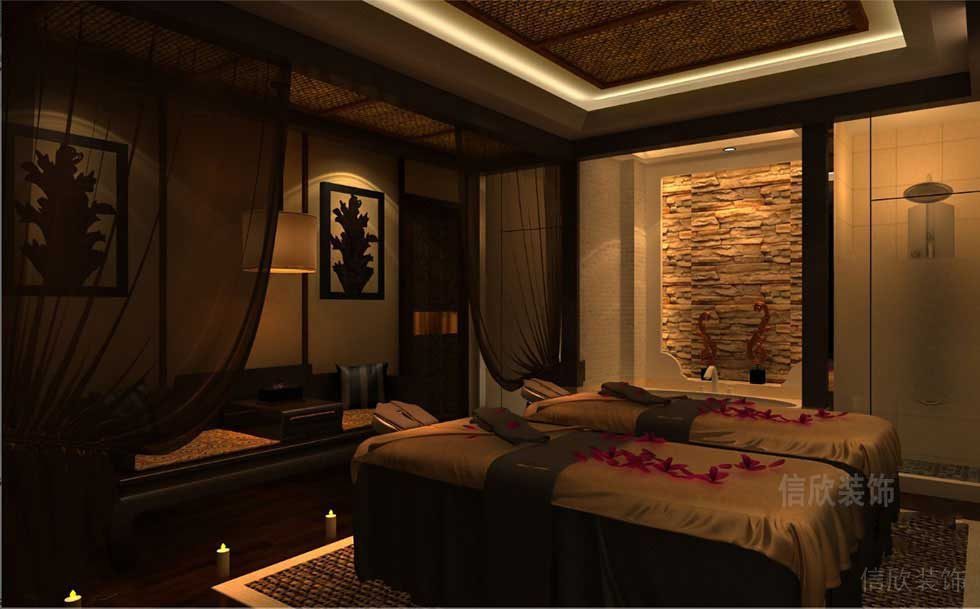 泰式按摩spa店鋪裝修店鋪效果圖雙人床效果圖墻體石材設計