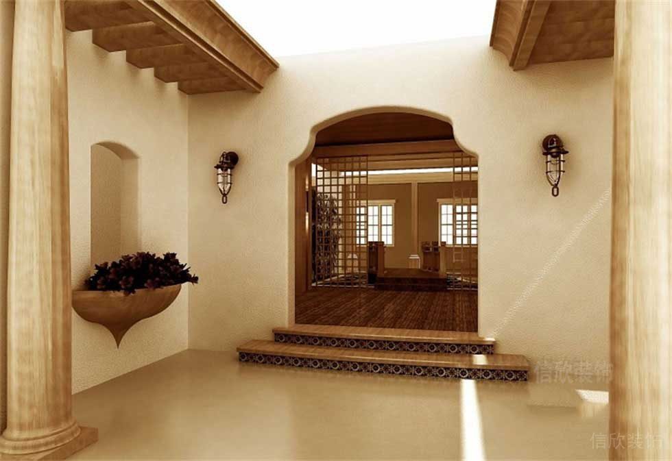 中式地臺(tái)鏤空墻體創(chuàng)意古典造型過(guò)道開放式餐廳