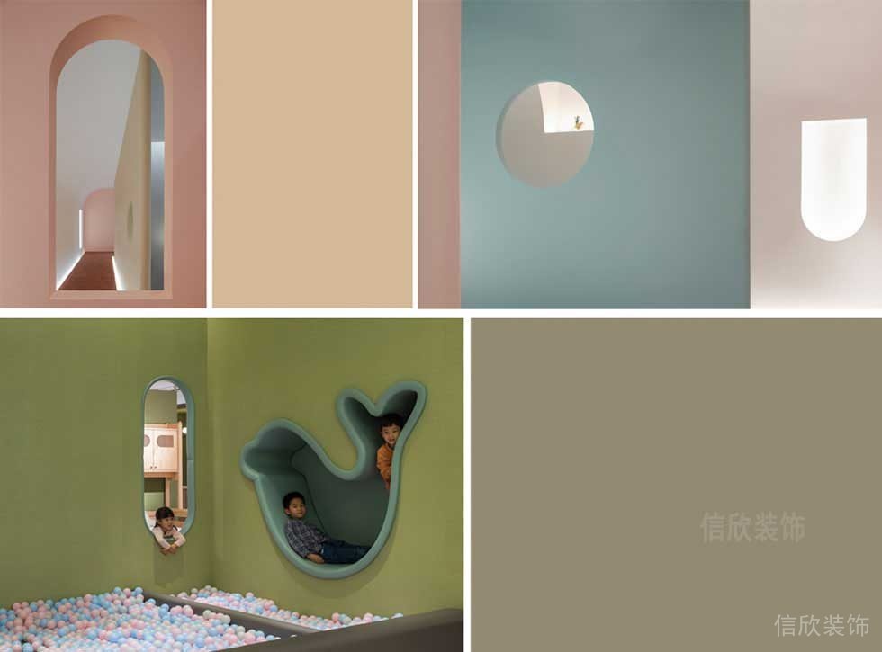 馬克龍色系彩色墻體內(nèi)嵌式效果圖兒童培訓(xùn)機(jī)構(gòu)裝修