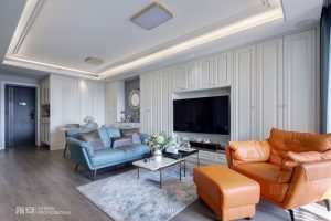客廳裝修效果圖古典風橙色藍色皮革沙發(fā)客廳對稱式設計