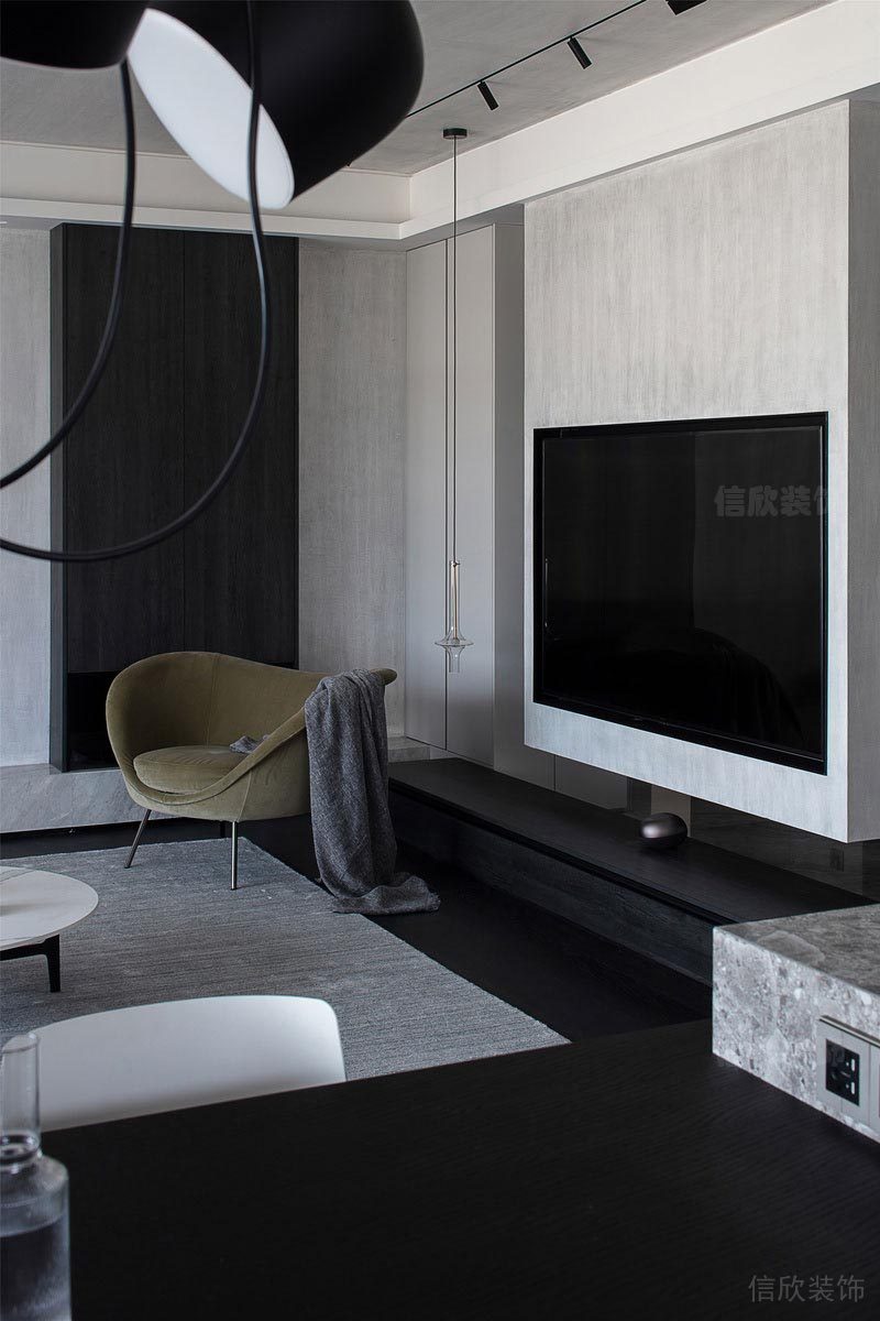弧線落地燈裝修設計黑白色調效果圖電視墻柜裝修