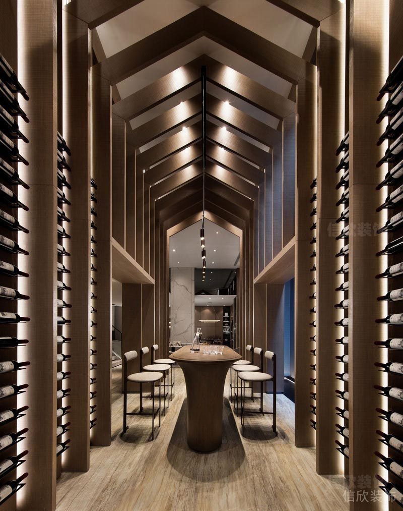 深圳龍華家庭新房全包裝修方案負(fù)一層酒窖吧臺