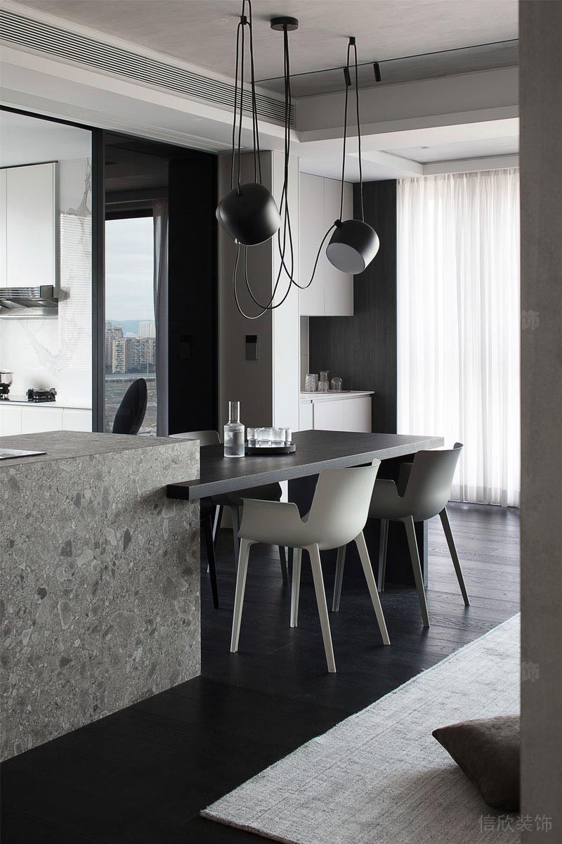 就餐區大理石一體式餐廳設計黑白色調效果