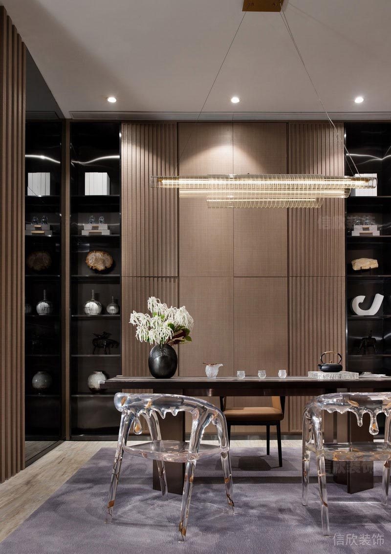 深圳龍華家庭新房全包裝修方案負(fù)一層茶室桌椅