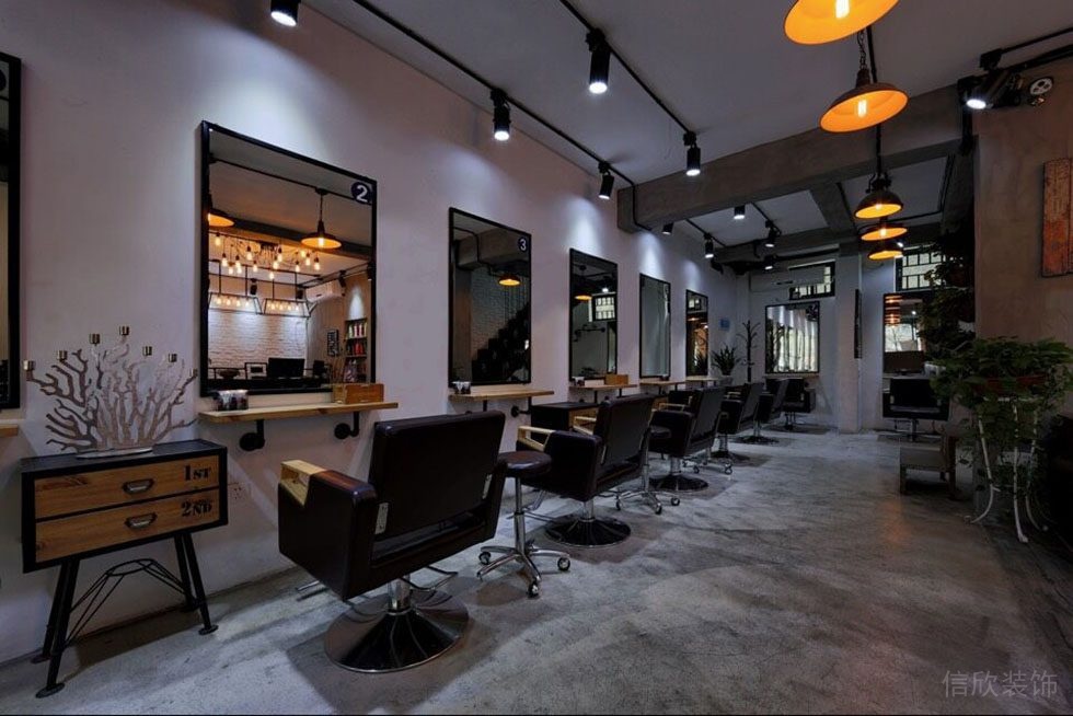 理發(fā)店復古pvc地板天花吊頂射燈鏡面工業(yè)風裝修設(shè)計店鋪設(shè)計