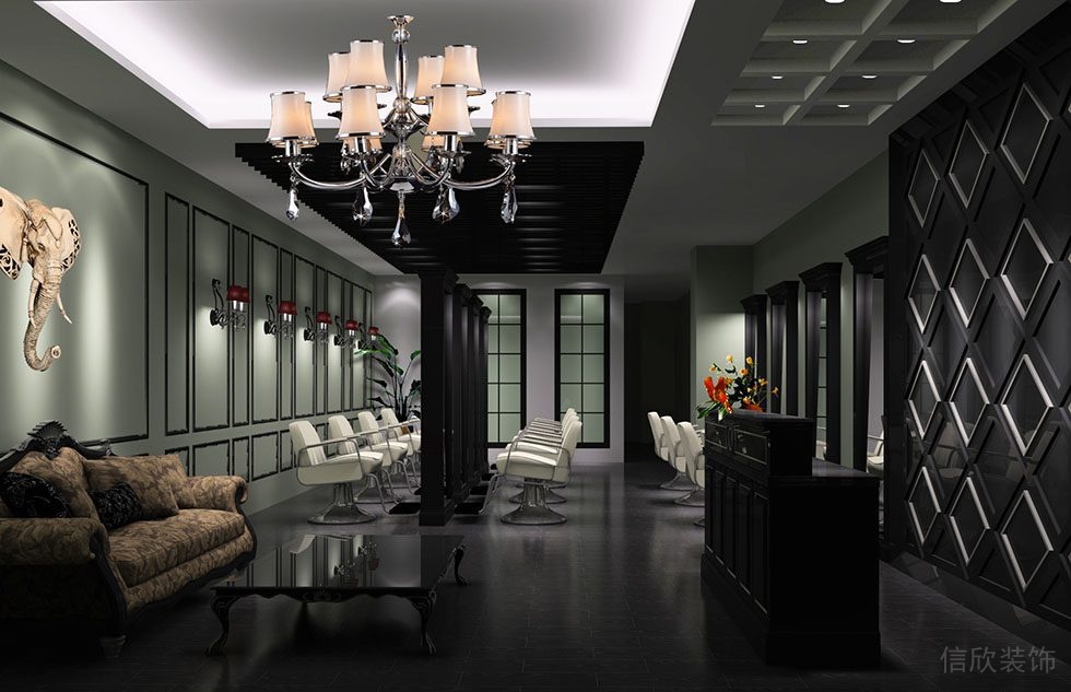 水晶天花吊頂?shù)鯄嬙O(shè)計(jì)直線形鏡面對(duì)稱發(fā)廊裝修店鋪墻體綠色涂料設(shè)計(jì)圖