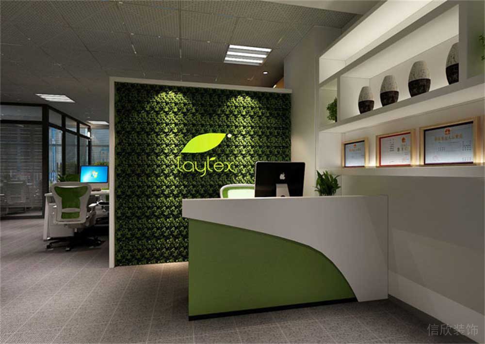 環(huán)保綠色墻體背景形象版裝修前臺區(qū)現(xiàn)代簡約收納榮譽(yù)展示墻柜效果圖