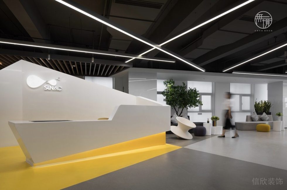 黃色創(chuàng)意幾何造型前臺區(qū)直線式天花放射性燈帶效果圖