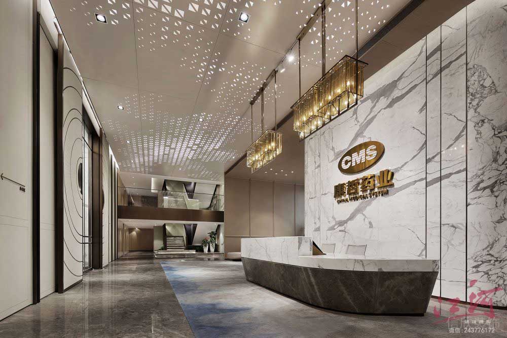 卡拉拉白大理石自然肌理墻體背景板設(shè)計(jì)水晶鎏金吊頂前臺區(qū)裝修效果