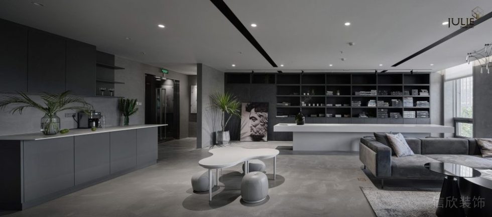 商務(wù)風(fēng)黑色簡約風(fēng)裝修弧線沙發(fā)設(shè)計全屋定制員工休息區(qū)辦公室裝修