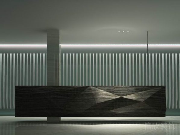 大堂辦公室?guī)缀尉€條裝修木質前臺區(qū)效果圖