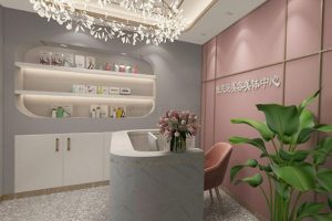 前臺接待區(qū)金屬線條背景墻方形天花吊頂裝修設(shè)計效果圖