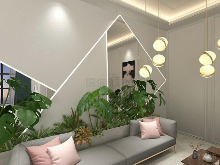 皮質沙發木飾面玻璃做背景方形天花吊頂裝修設計