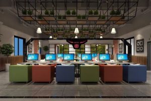 電子互聯(lián)網(wǎng)圖書(shū)館裝修設(shè)計(jì)效果圖天花金屬黑色框架設(shè)計(jì)