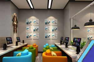 彩色對(duì)稱式設(shè)計(jì)網(wǎng)吧效果簡(jiǎn)約現(xiàn)代北歐風(fēng)格裝修設(shè)計(jì)圖。