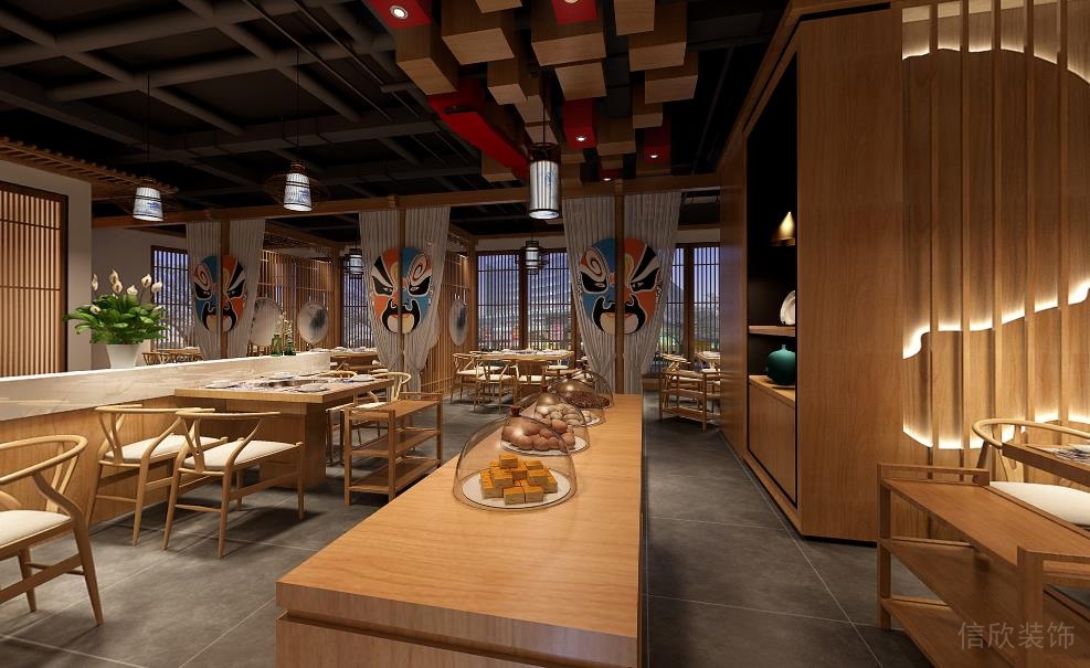 田園風(fēng)格火鍋店中島小吃自選餐臺(tái)裝修效果圖