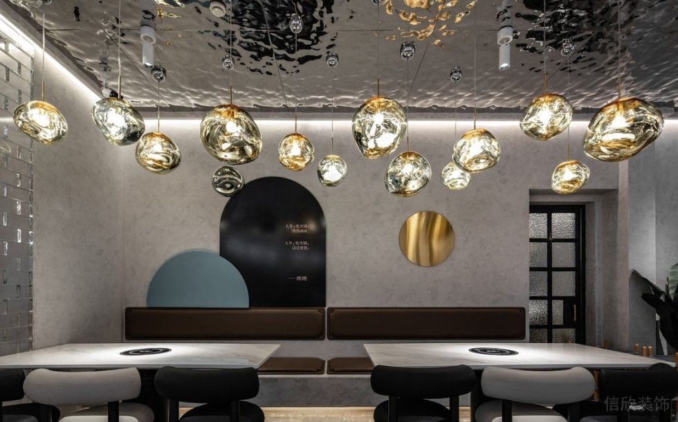 深圳福田天健時(shí)尚新天地輕奢風(fēng)格火鍋店裝修案例藝術(shù)吊燈
