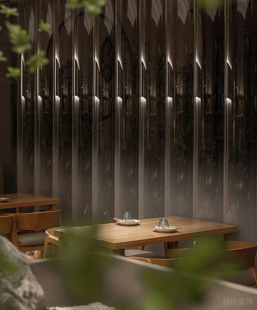 深圳龍崗陽光廣場現代中式風格私房菜餐廳裝修案例原木色桌椅組合