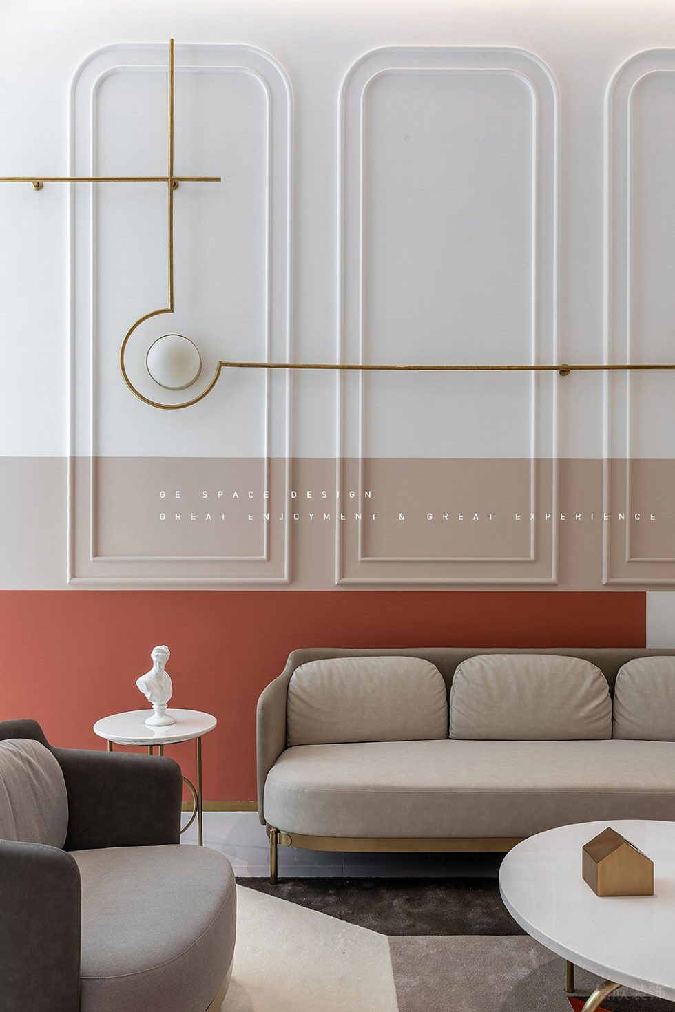 深圳市寶安區福永現代輕奢風國際婚紗一品cg店裝修設計香檳金淺灰色絨布沙發