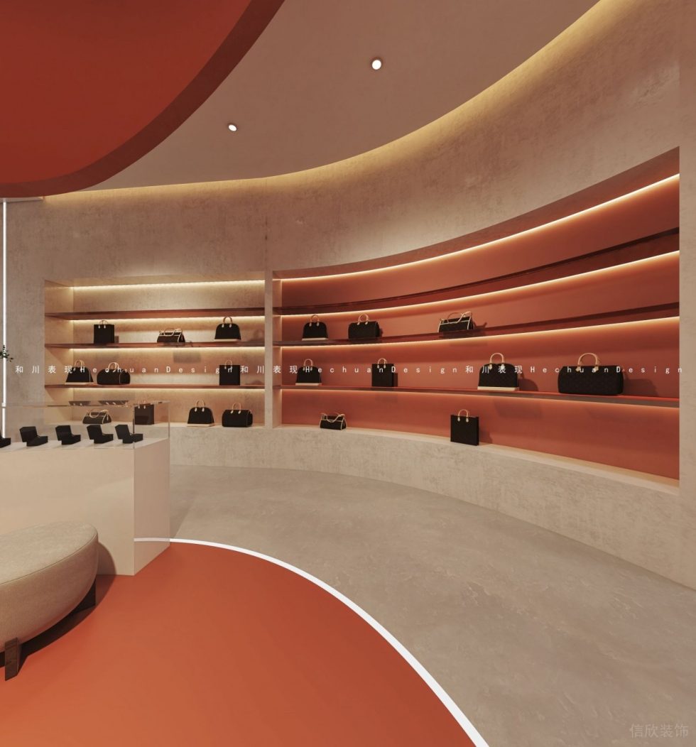 深圳市龍崗區布吉現代輕奢風奢侈品店弧形女包展架效果圖 深圳市龍崗區布吉現代輕奢風奢侈品店弧形女包展架效果圖