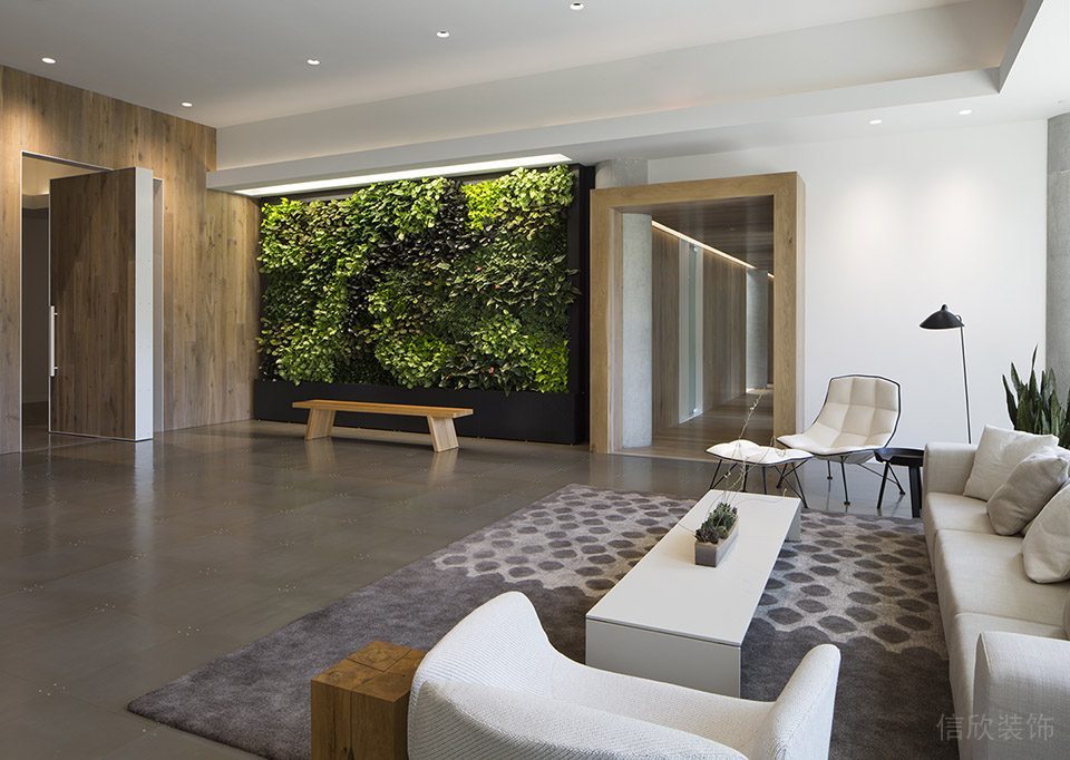 深圳寶安匯聚創(chuàng)新園1000平方米淺色調(diào)原木簡約風(fēng)辦公室裝修案例接待廳翠綠色植物背景墻