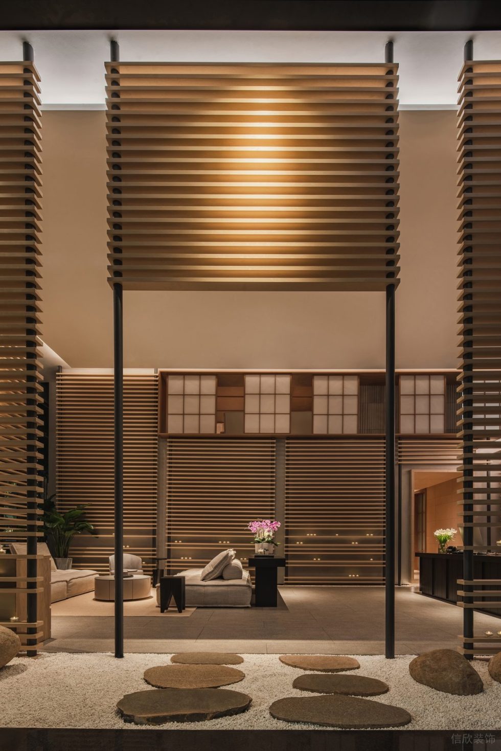 深圳市福田區(qū)保稅區(qū)新中式風蘭美容抗衰中心裝修設計實景效果圖-大廳枯山水景入口 深圳市福田區(qū)保稅區(qū)新中式風蘭美容抗衰中心裝修設計實景效果圖-大廳枯山水景入口