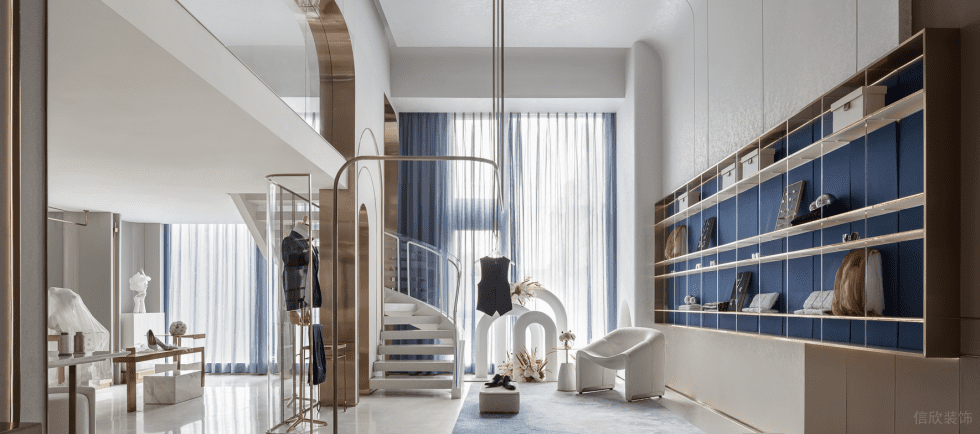 深圳市南山區(qū)蛇口現(xiàn)代輕奢風(fēng)禮服店裝修設(shè)計(jì)-白色透明玻璃旋轉(zhuǎn)樓梯 深圳市南山區(qū)蛇口現(xiàn)代輕奢風(fēng)禮服店裝修設(shè)計(jì)-白色透明玻璃旋轉(zhuǎn)樓梯