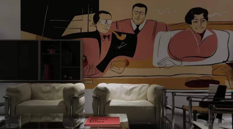 簡約金屬風(fēng)辦公室裝修設(shè)計 休息區(qū)卡通墻面白色沙發(fā)