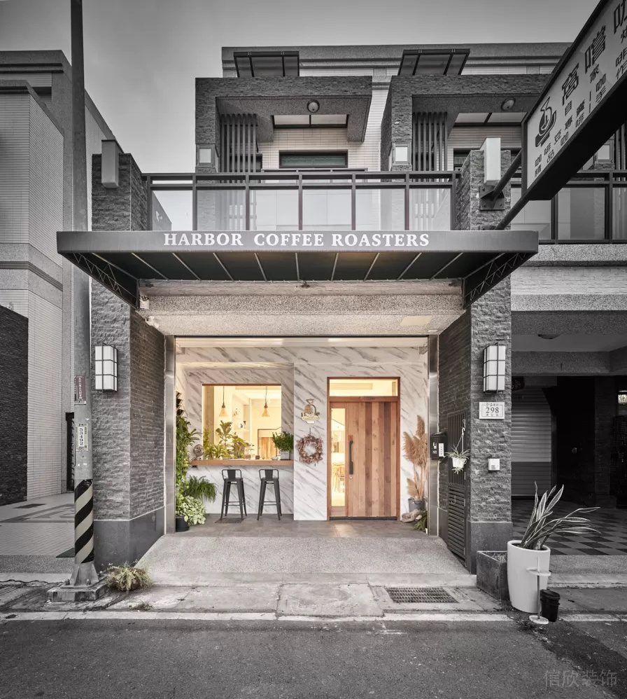 現(xiàn)代簡約風咖啡廳凹凸磚墻搭光滑大理石瓷磚門店設計效果圖