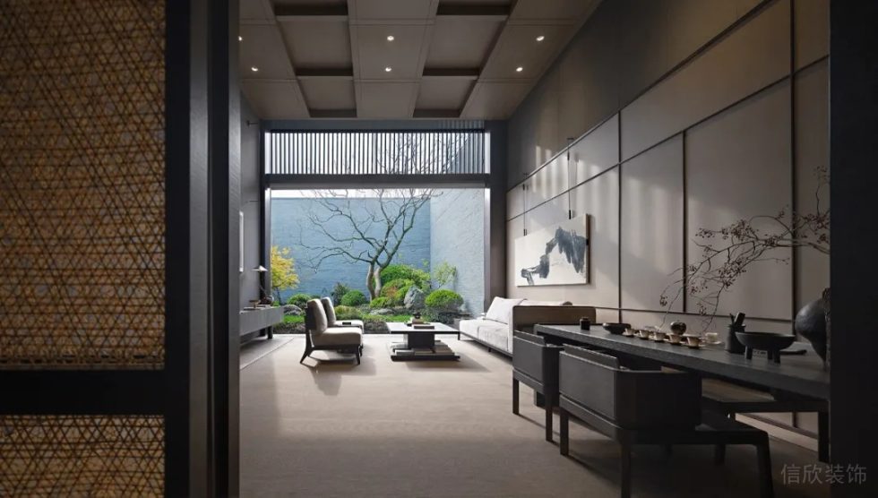 園林清雅辦公環境展廳裝修方案 黑檀木辦公桌及白色沙發