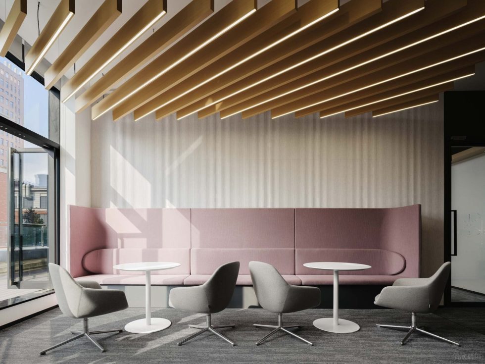 淡雅色簡約現(xiàn)代風(fēng)辦公室裝修設(shè)計灰粉色會客接待區(qū)