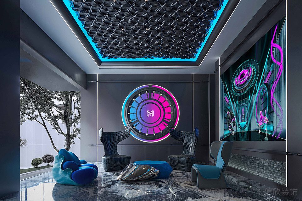 賽博朋克風(fēng)格辦公室裝修設(shè)計灰藍色會客區(qū)效果圖