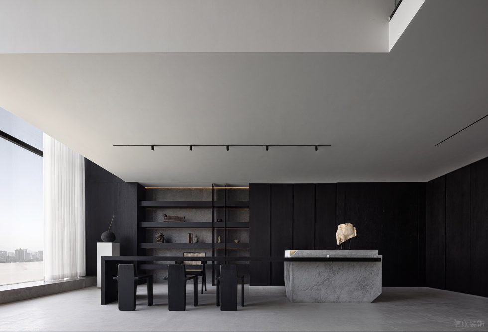 黑白灰抽象極簡風辦公室裝修設計黑灰色洽談中島臺 黑白灰抽象極簡風辦公室裝修設計黑灰色洽談中島臺