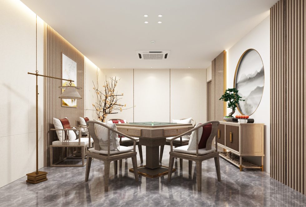 羅湖黃貝嶺新中式胡桃木棋牌室裝修設(shè)計(jì)