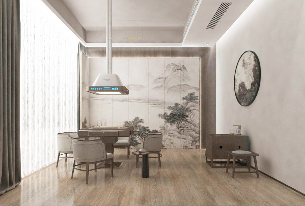 深圳寶安西鄉(xiāng)棋牌室墻山水畫裝修設(shè)計