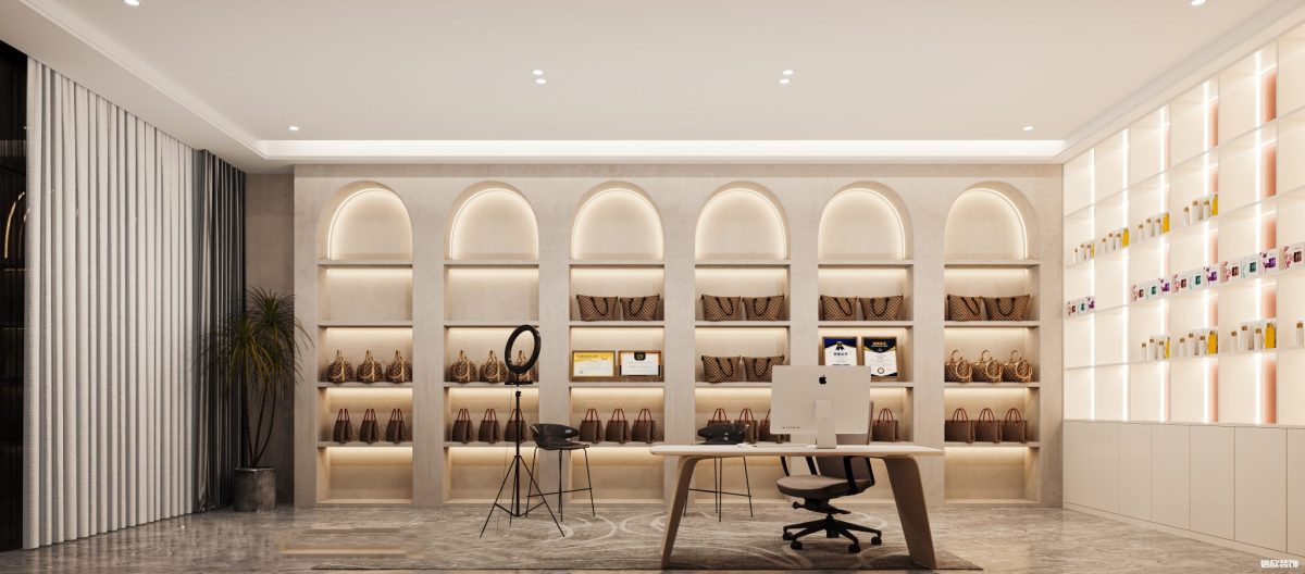 深圳羅湖文化大廈帶貨直播間鏡頭內商品展柜裝修設計