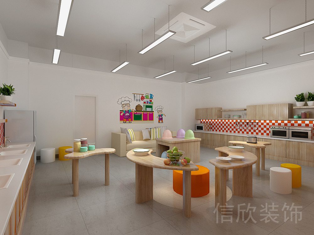橙紅楓木簡約風兒童卡通烘焙DIY培訓機構(gòu)教室廚房區(qū)裝修設計