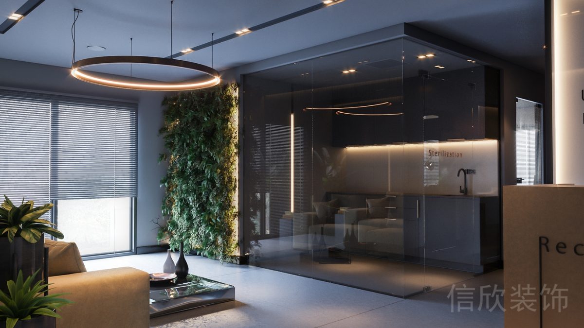 灰色玻璃滿墻綠植大廳設(shè)計(jì)