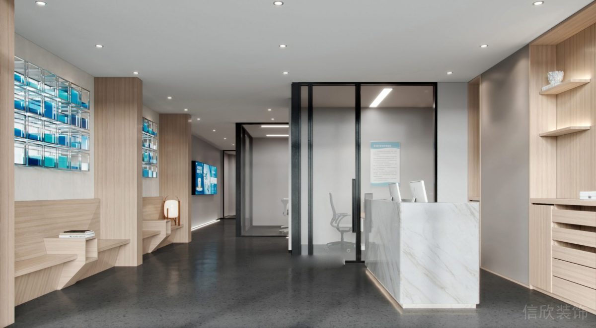 入戶走廊梯形曲折玻璃治療室墻體木制座椅休息區(qū)