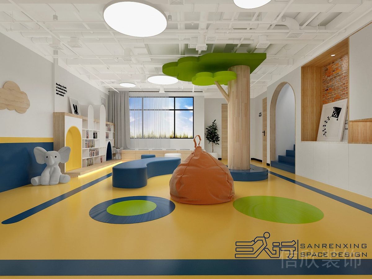 早教中心裝修設(shè)計兒童娛樂空間鏤空式吊頂天花板