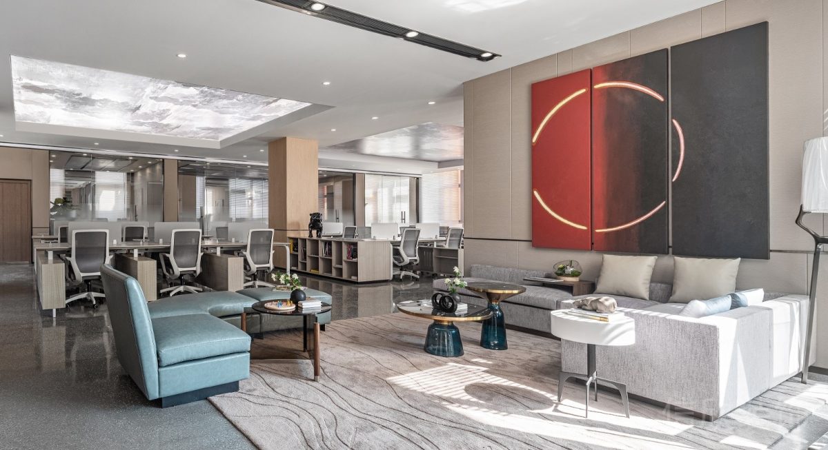 現(xiàn)代簡約風辦公室公共休息區(qū)域l型沙發(fā)裝修設計