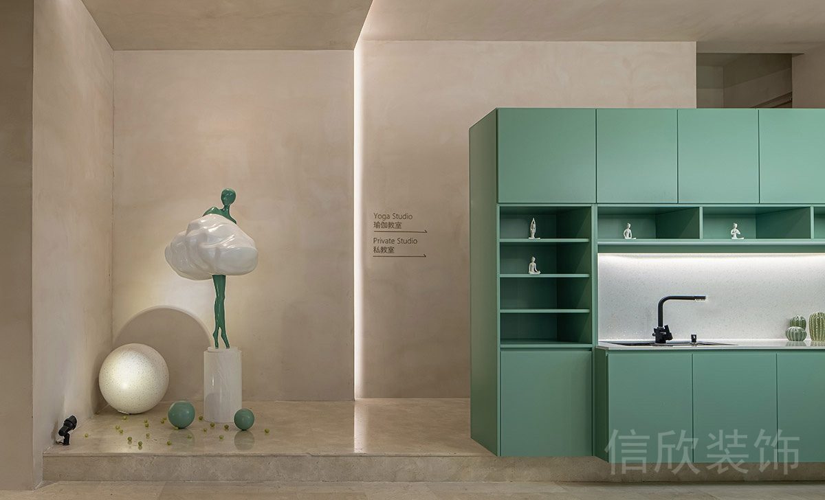 大理石階梯式裝修青綠色置物柜設(shè)計(jì)瑜伽機(jī)構(gòu)洗手臺(tái)