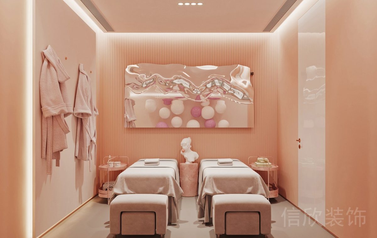 粉色瑜伽機(jī)構(gòu)按摩雙人床條紋墻體設(shè)計(jì)