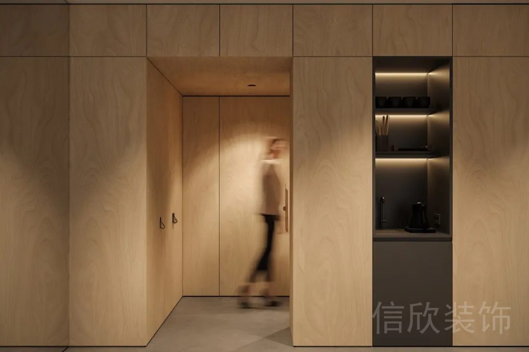 簡約黑色茶水間金屬板材設計原木風瑜伽機構過道