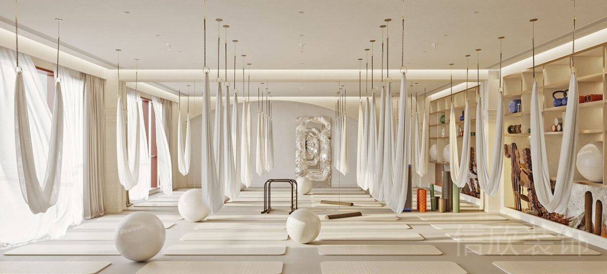 空中瑜伽吊床設(shè)計(jì)團(tuán)課瑜伽大教室裝修效果圖