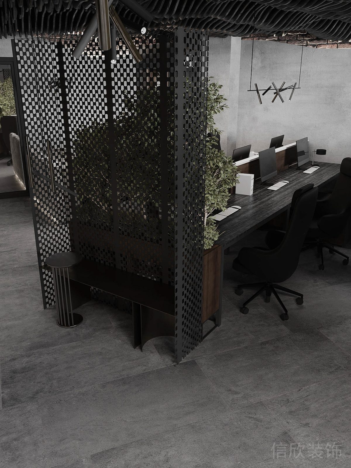 半包裹式鏤空式黑色不銹鋼墻面設(shè)計(jì)搭配原木條形座椅鋁合金小圓桌辦公室辦公區(qū)裝修