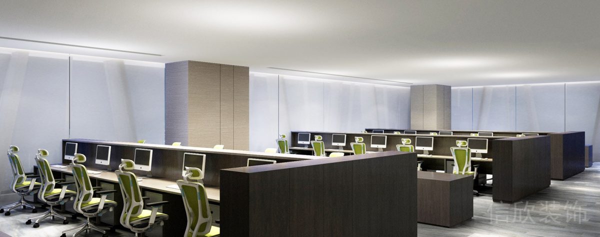 多人工位員工研發區域裝修設計深色木飾面工作桌效果