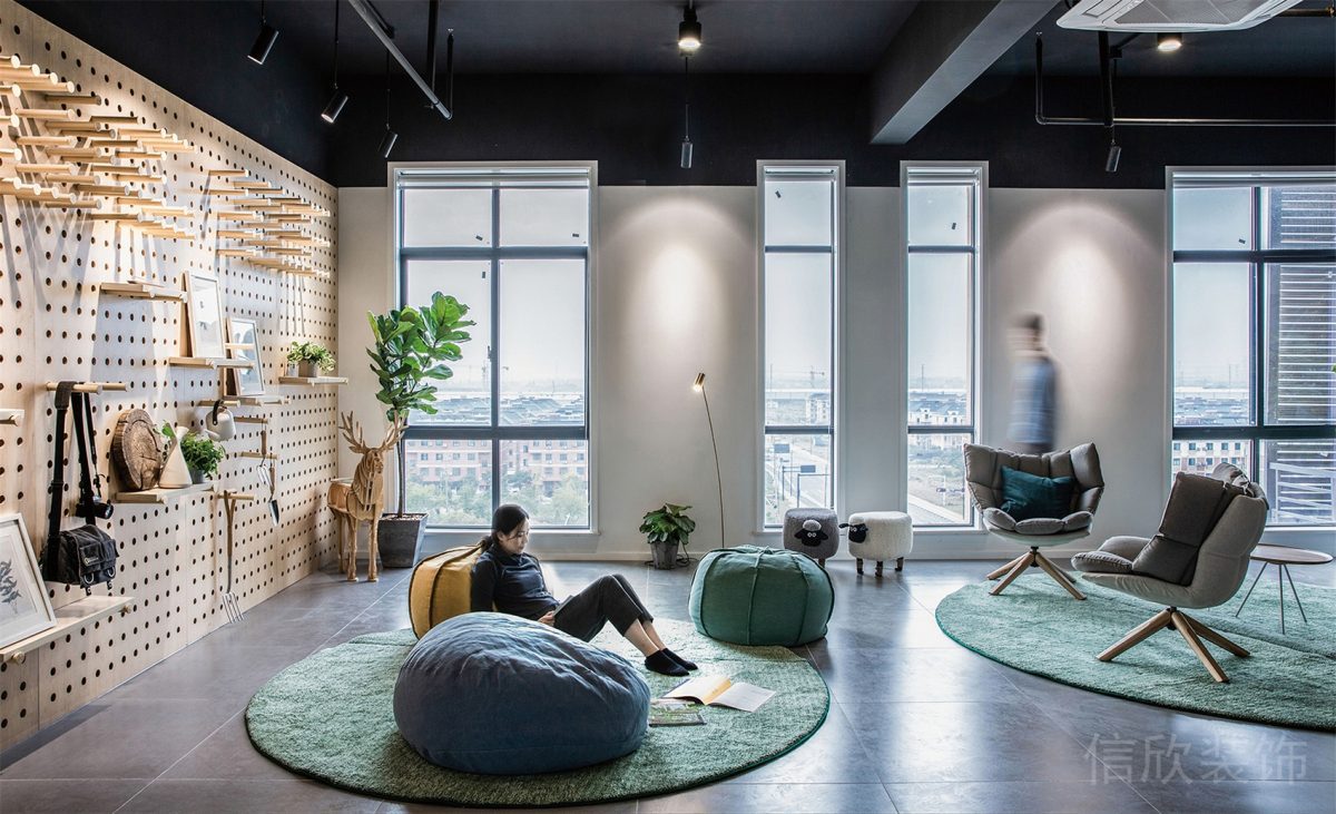 反絨皮懶人沙發(fā)裝修灰色大理石地磚設(shè)計(jì)辦公室休息區(qū)效果圖